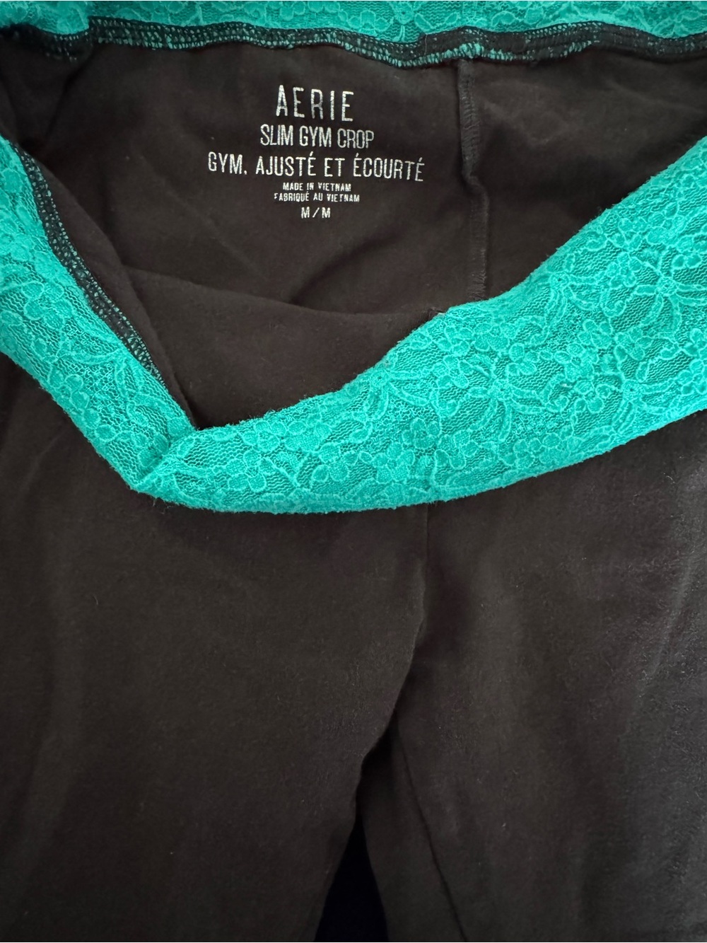 aerie Black Slim Gym Crop with Teal Lace Trim